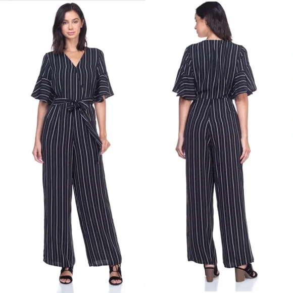 Striped ruffle short sleeves belted jumpsuit - Picture 7 of 8
